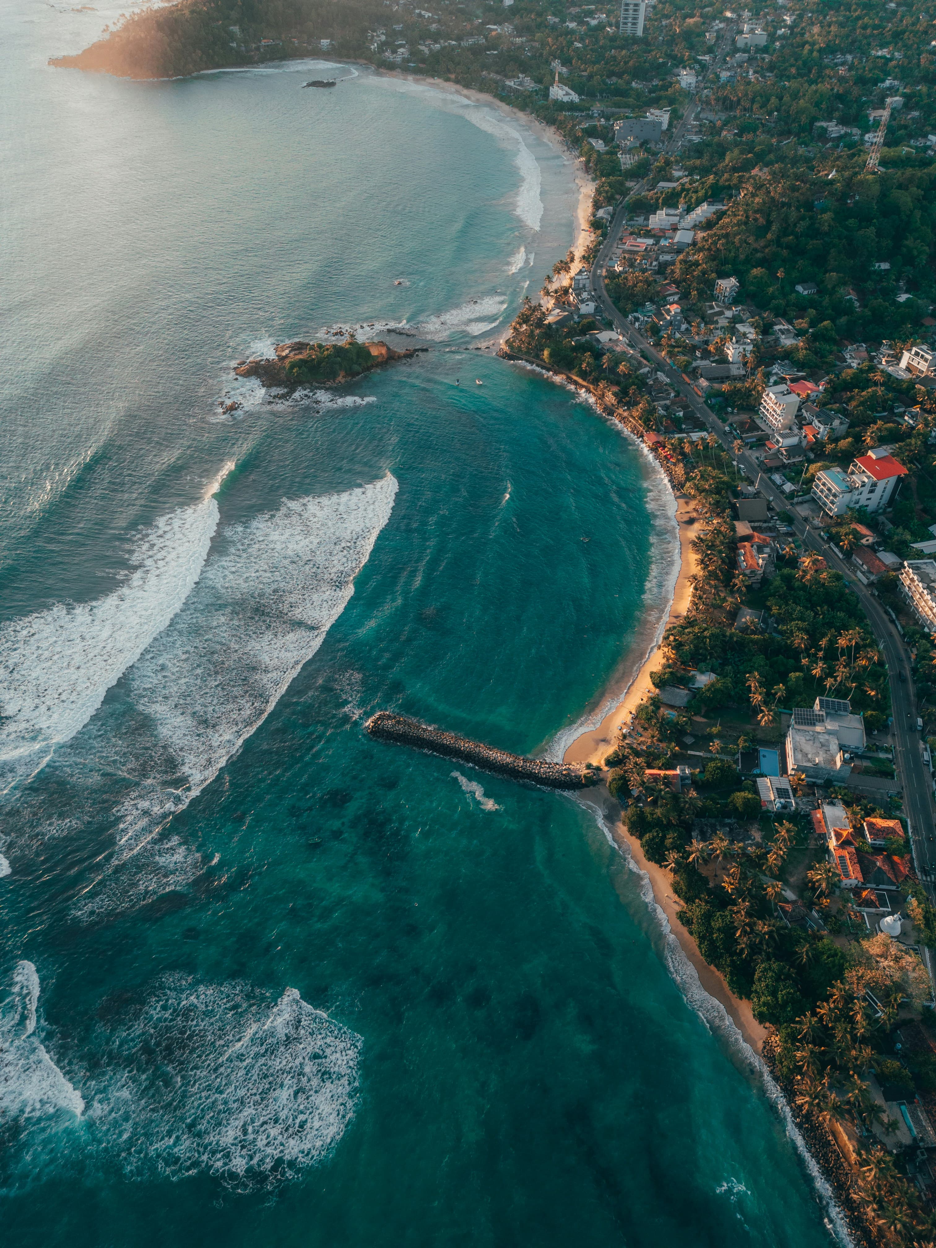 Aerial view of a tropical beach and ocean on Sri Lanka's south coast